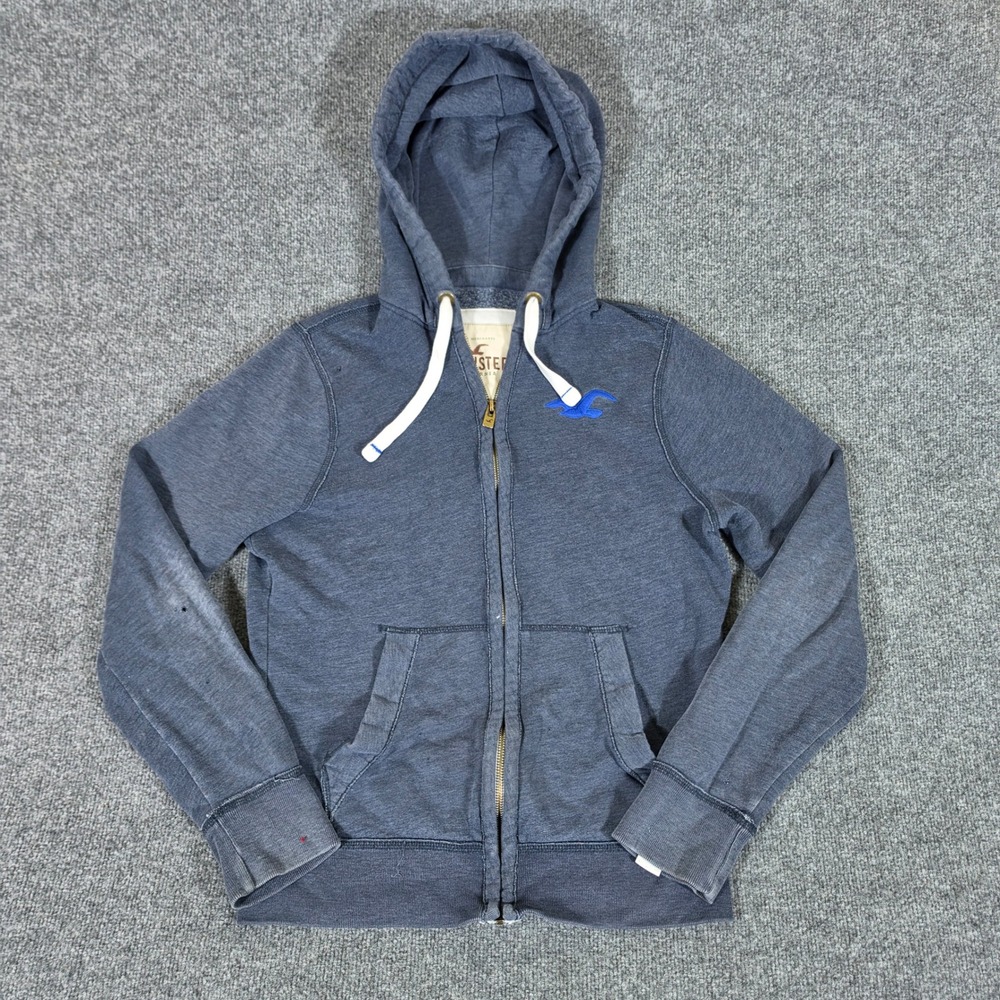 Y2K Hollister Boys Full Zip Hoodie Navy Blue Heather Seagull Logo Size Large L